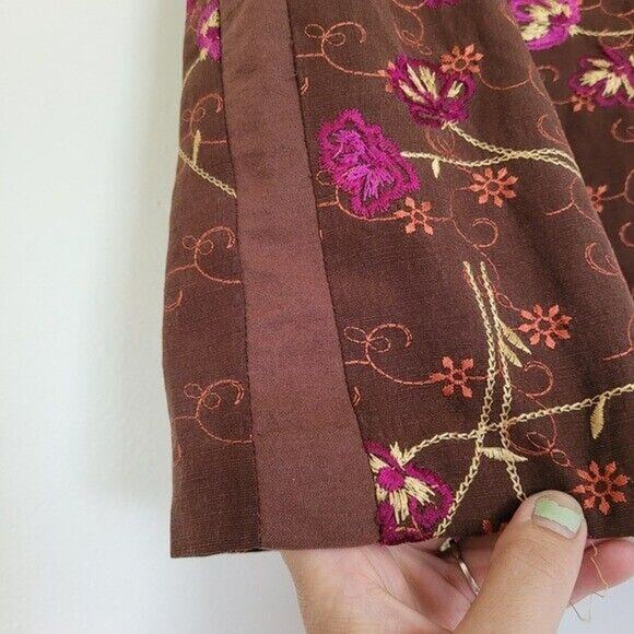 Grace Dane Lewis Womens Silk Linen Embroidered Mini Skirt Size 8 Y2K Brown Multi - Picture 6 of 10